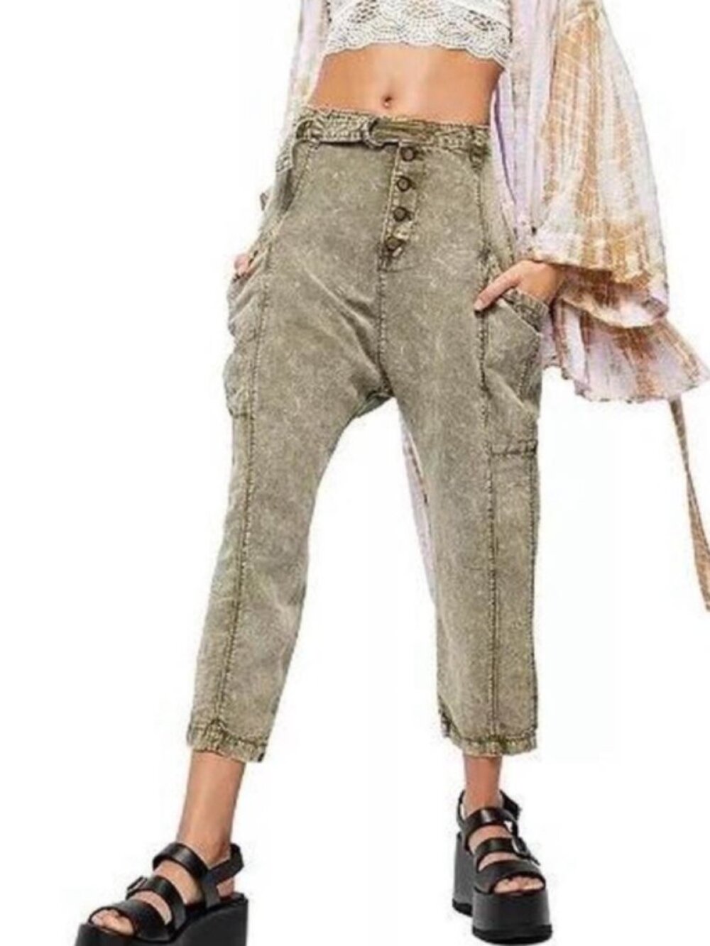 Free People Washed Olive Utility Cargo Pants - Size 2